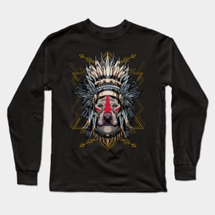 Chieftain Pitbull Dog Indian Headdress Warrior Long Sleeve T-Shirt